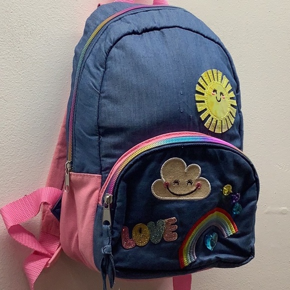 Claire’s Lt. Denim Colorful Backpack With Fun Patches & Colored Zipper. Preloved - Picture 3 of 6